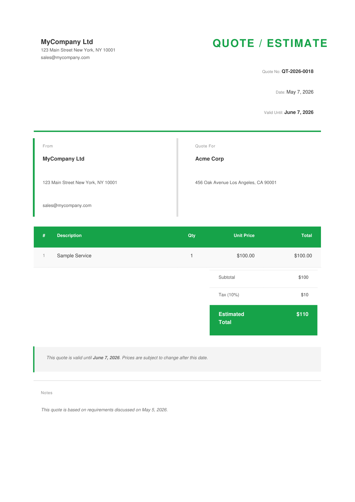 Quote / Estimate preview